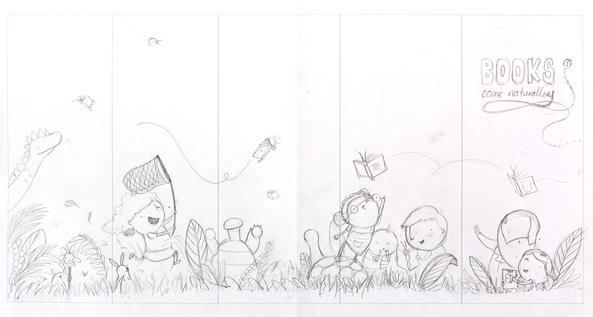 A pencil sketch of children and animals playing in a jungle