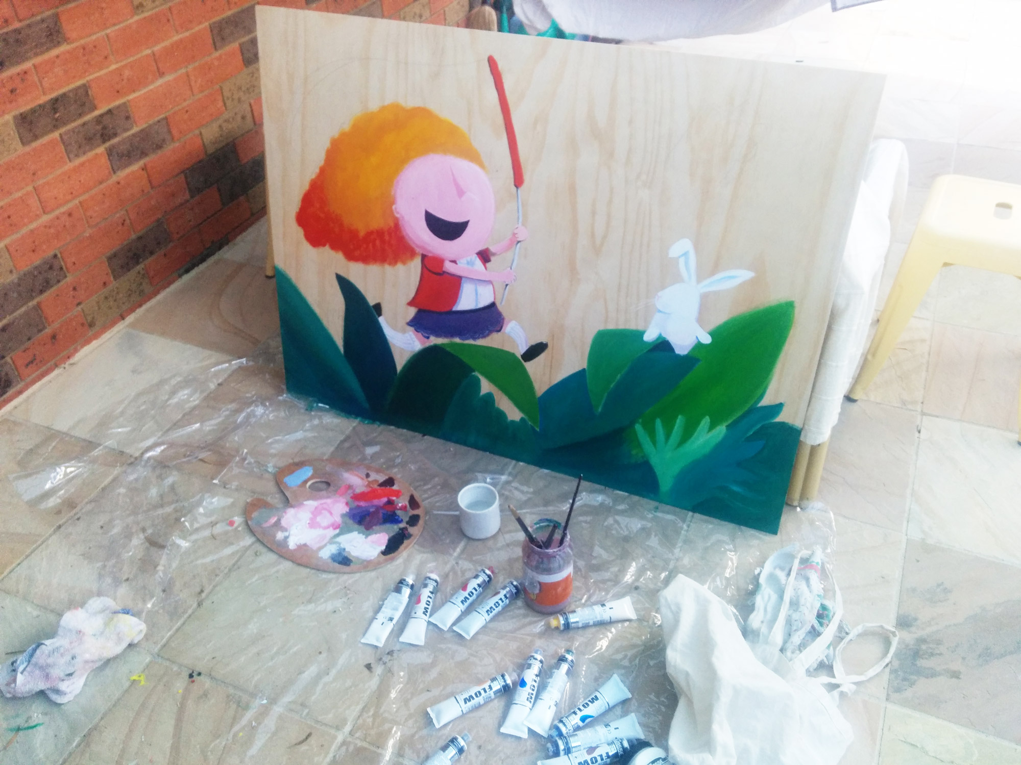 A photo of the practice painting Matt did on Plywood from Bunnings