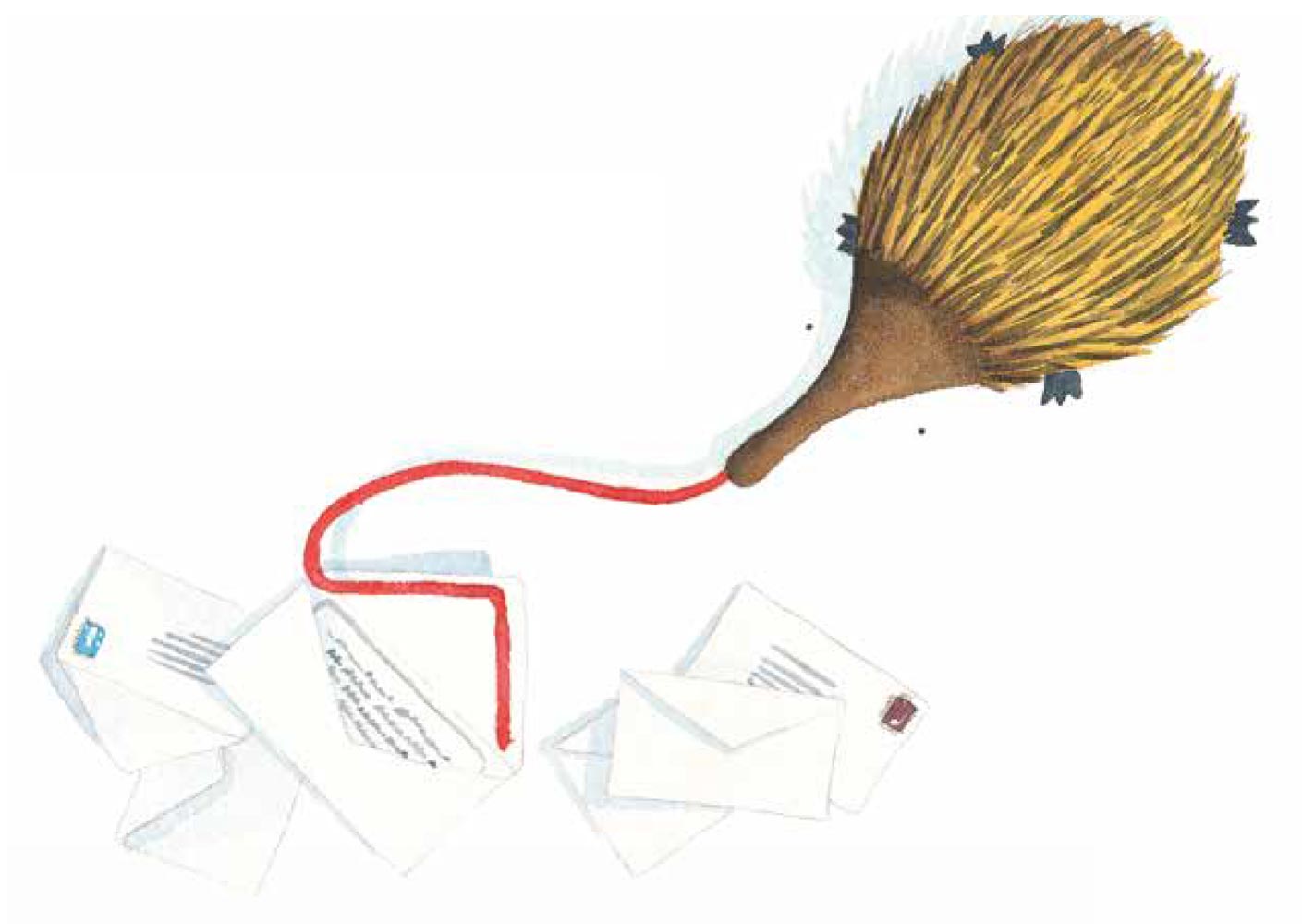 Eric the Echidna licking a pile of envelopes