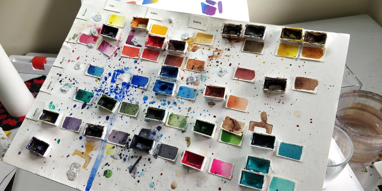 An overview picture of Matt's ad-hoc watercolour palette