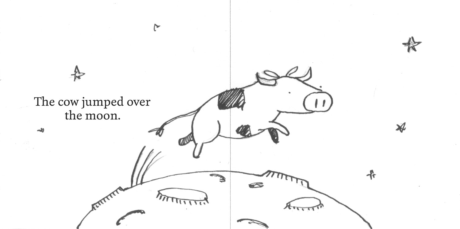 A drawing of a cow jumping over a moon