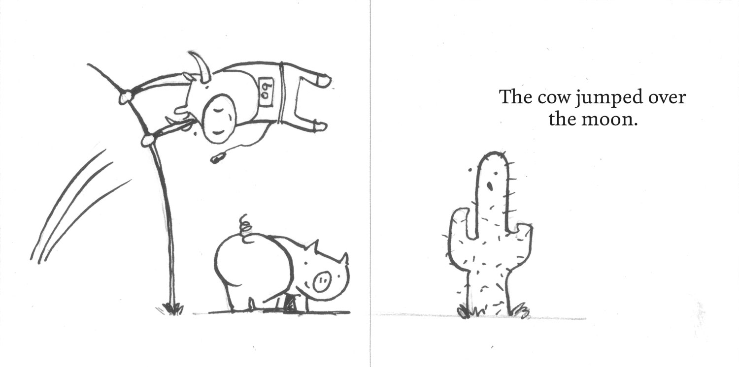 A drawing of a pole-vaulting cow, vaulting over a pig, and about to hit a cactus when he lands