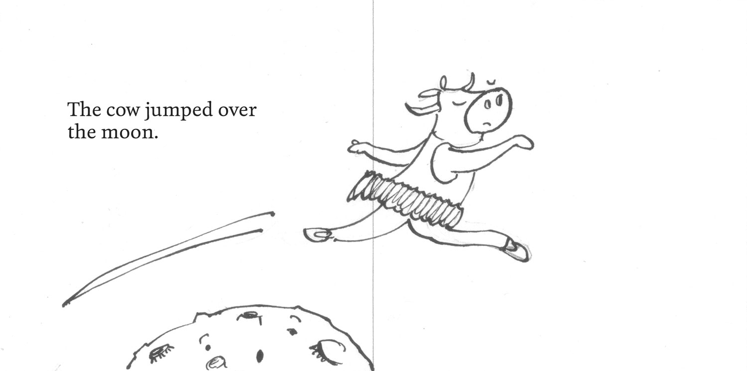 A drawing of a ballerina cow leaping over a moon