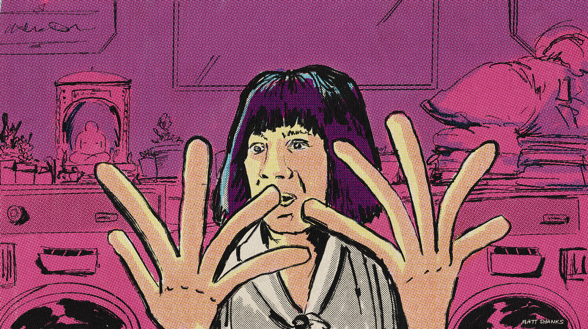 a middle-aged Asian woman in a laundrette looking surprised at her giant sausage fingers