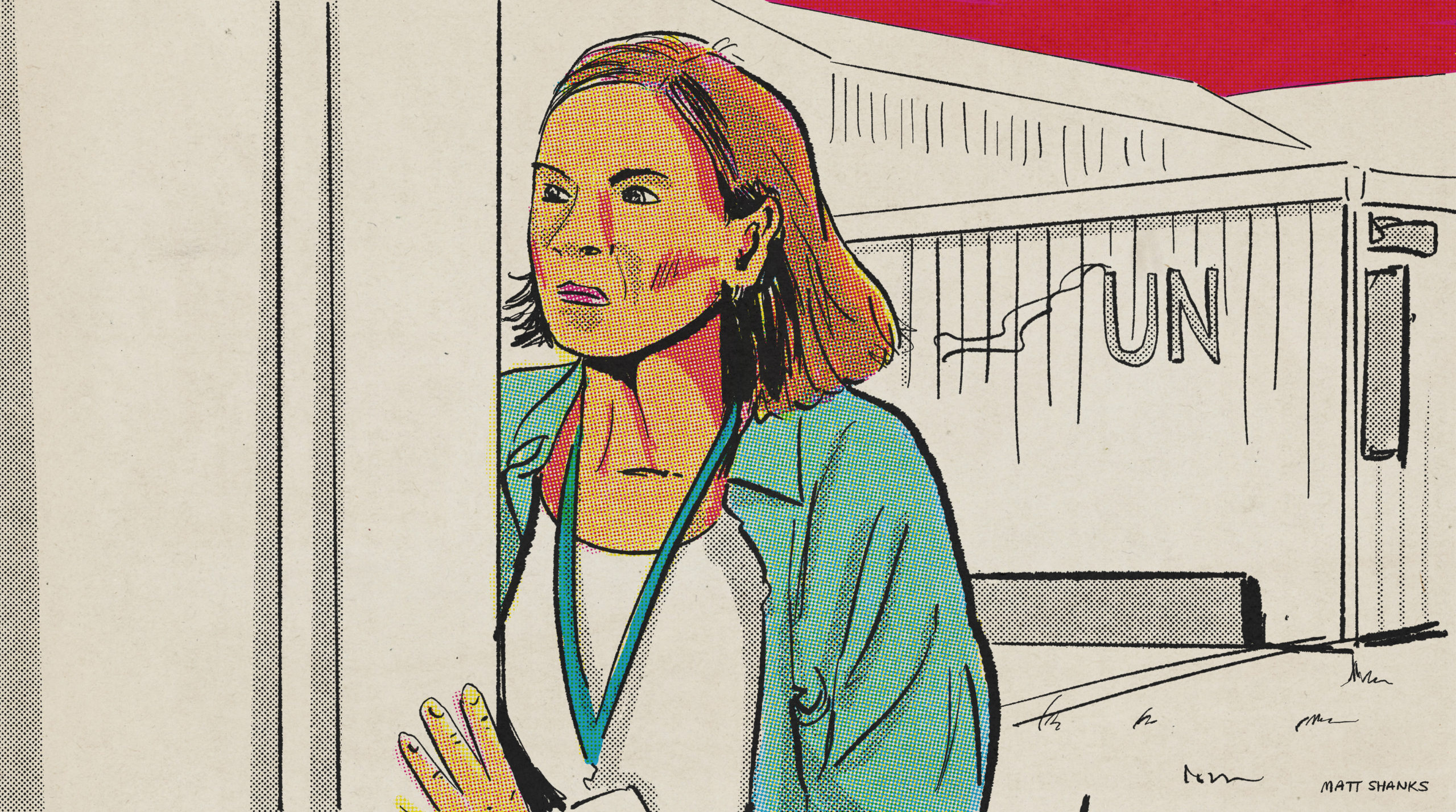 A comic illustration of the still frame of a woman looking behind a door with a worried look on her face