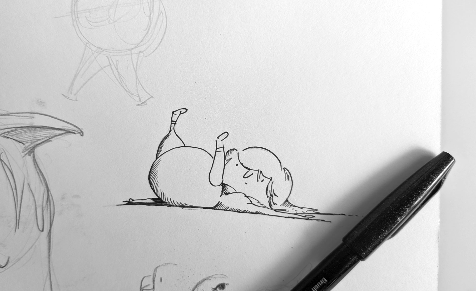A drawing of a woman in an awkward yoga pose