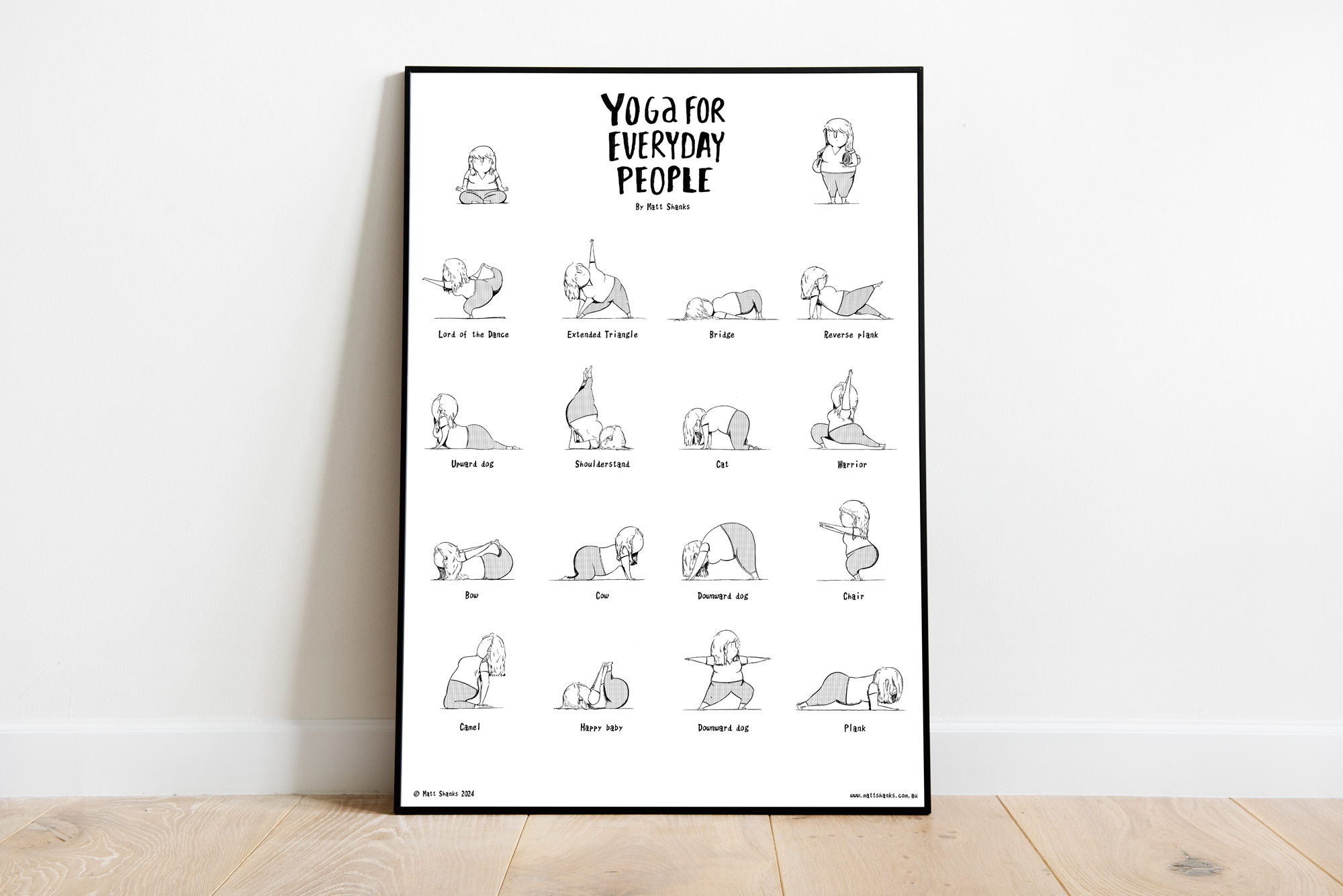 A poster mockup of several yoga poses hand illustrated in black ink and halftone