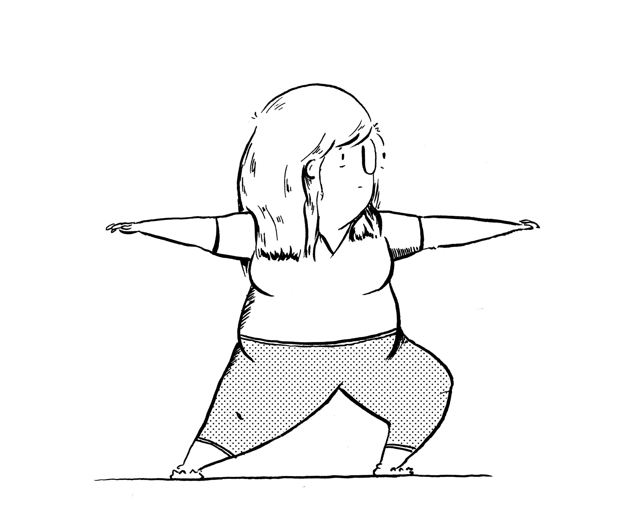A drawing of a woman in a yoga pose with halftone coloured leggings